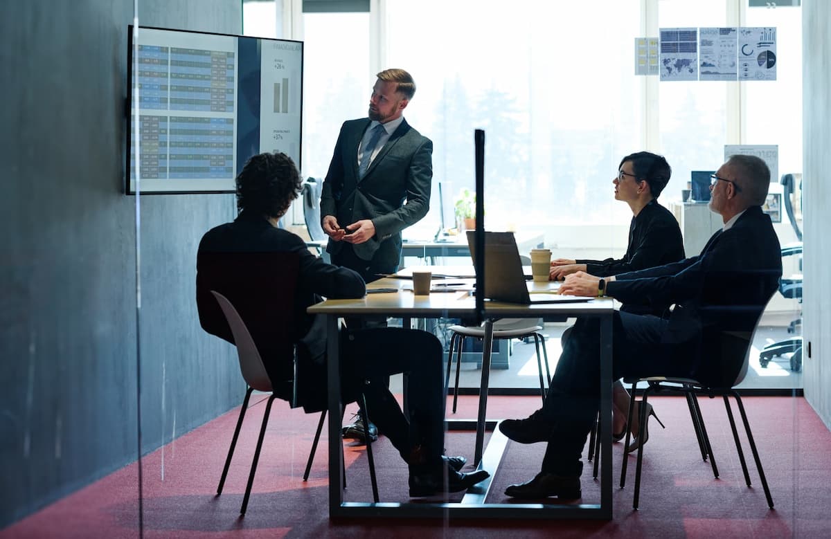 A business strategy presentation in a boardroom